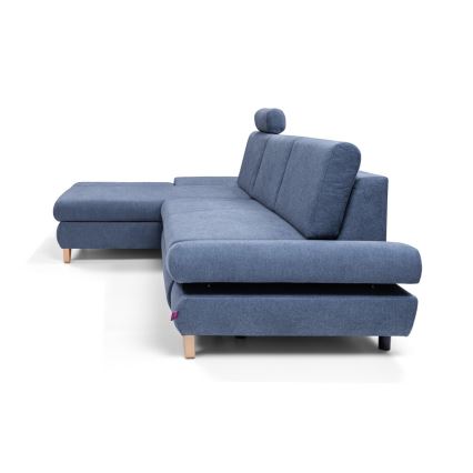 Ausziehbares gepolstertes Ecksofa AVESTA in L‑Form, links, mit Stauraum, blau