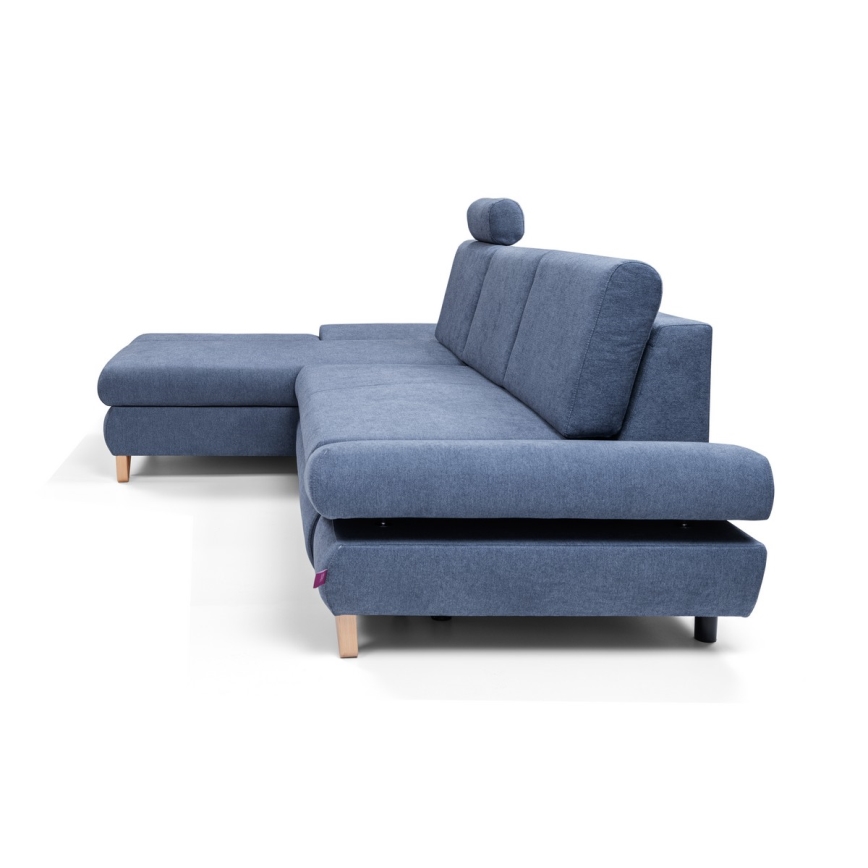 Ausziehbares gepolstertes Ecksofa AVESTA in L‑Form, links, mit Stauraum, blau