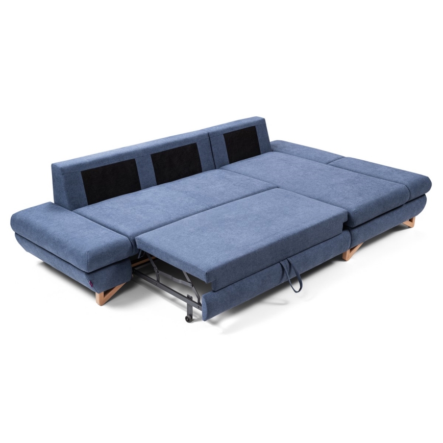 Ausziehbare, gepolsterte Eckgarnitur AVESTA in L‑Form mit Stauraum, rechts, blau