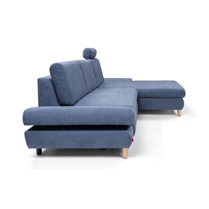 Ausziehbare, gepolsterte Eckgarnitur AVESTA in L‑Form mit Stauraum, rechts, blau