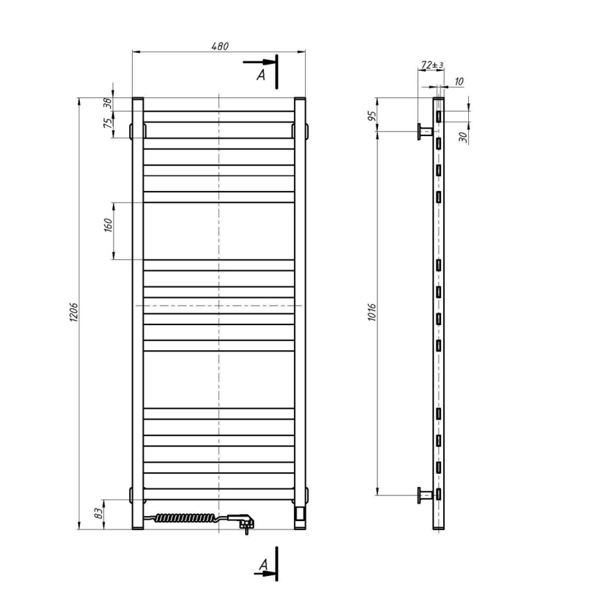 Badezimmer-Handtuchheizkörper AVANGARD mit Thermostat, 227 W, 120 x 48 cm, weiß, links