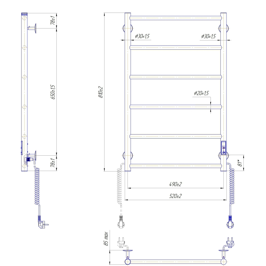 Badezimmer-Leiterheizkörper CLASSIC 110 W/230 V 81 x 52 cm Edelstahl/Anthrazit rechts