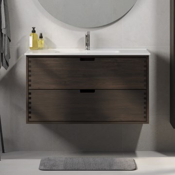 Badezimmer-Unterschrank mit Waschbecken GRIBSKOV 100 cm, Braun/Eiche/Weiß