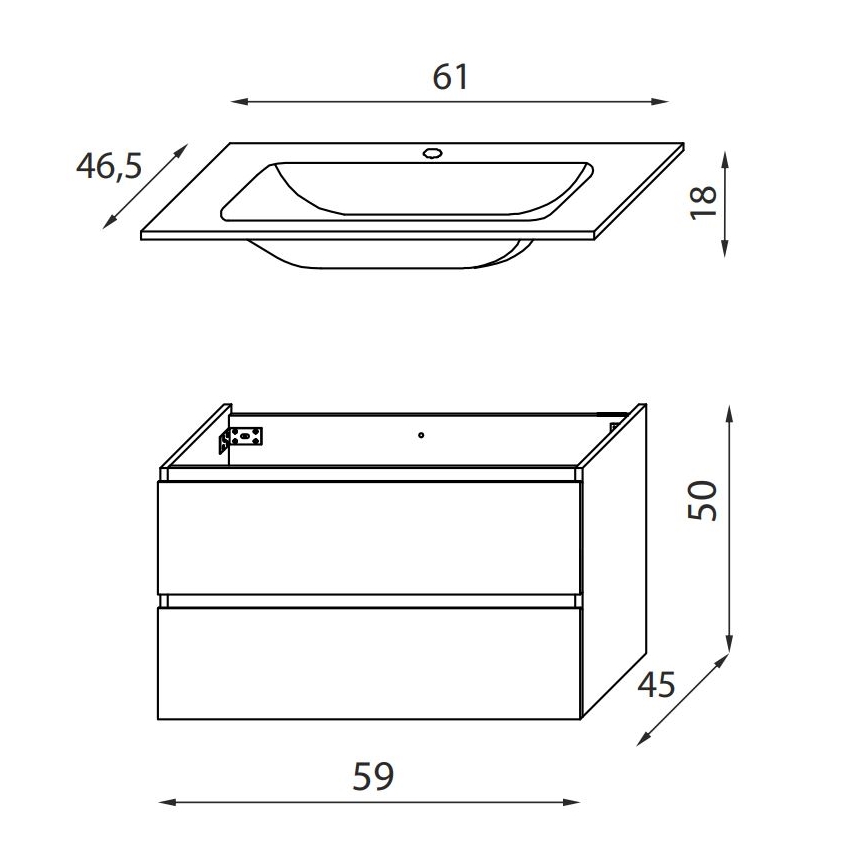 Badezimmerschrank mit Waschbecken KENWOOD, 61 x 52 x 47 cm, schwarz/weiß