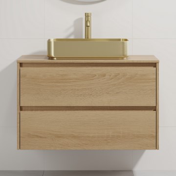 Badezimmerschrank mit Waschbecken TRONDHEIM/LJORDAL 90x57x46 cm Eiche/Messing