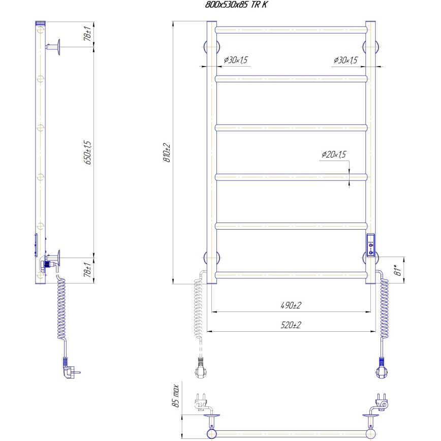Badheizkörper CLASSIC 110W/230V 80x53 cm Edelstahl/Weiß rechts