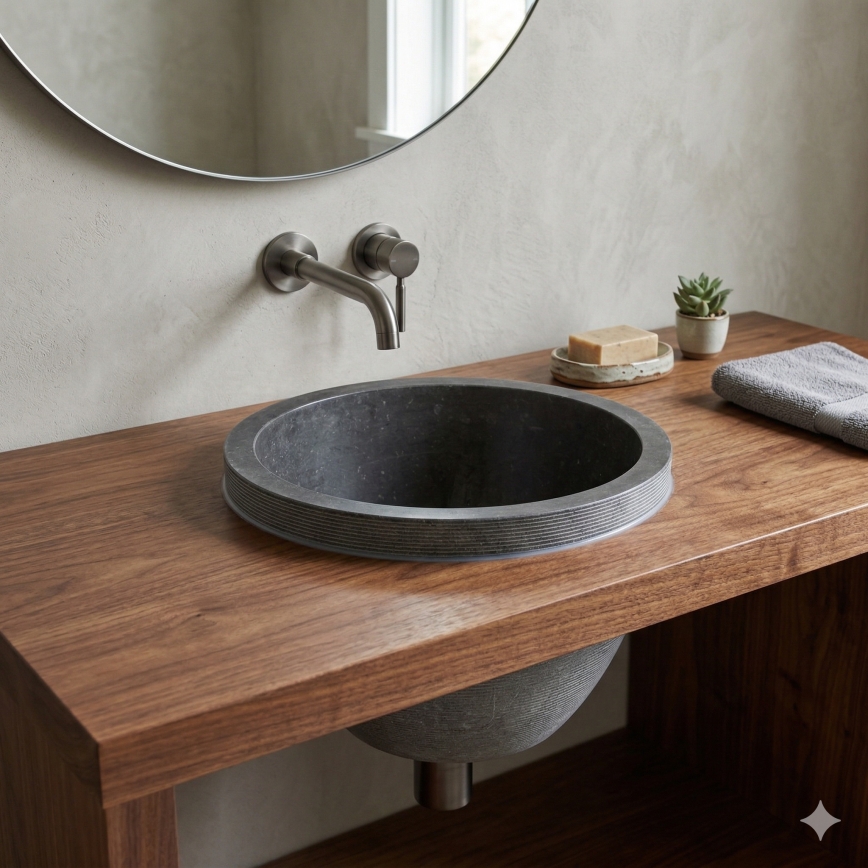 Bathco 00374 - MIRAGE Einbauwaschbecken für Arbeitsplatte Ø 40 cm, Stein/Grau