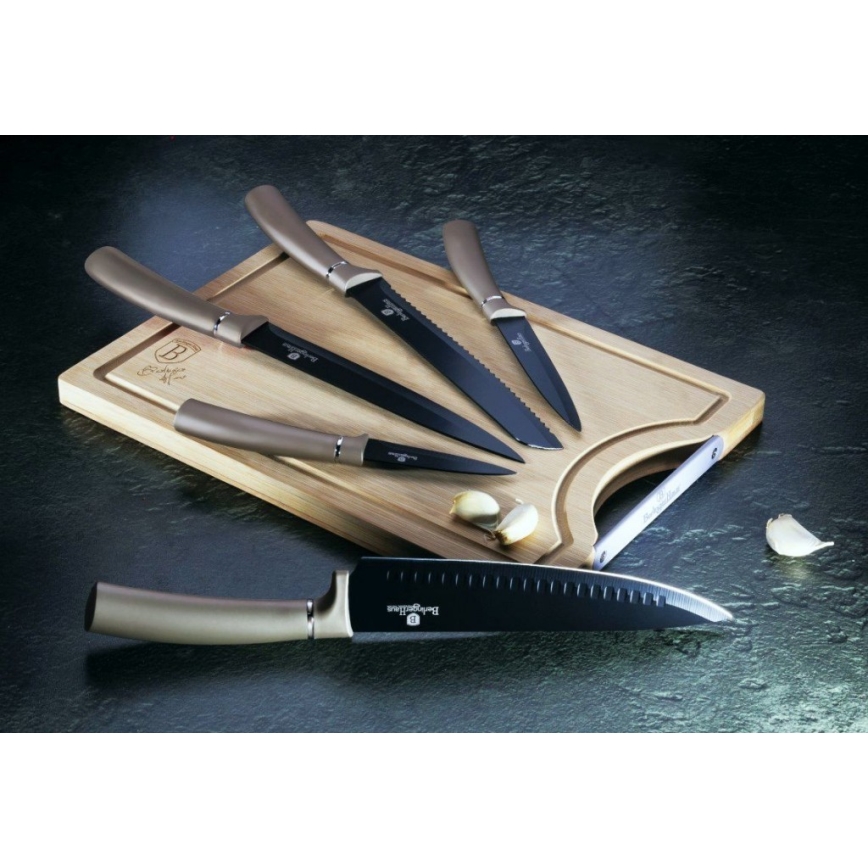 BerlingerHaus - Messerset aus Edelstahl mit Bambusschneidebrett 6-teilig beige/schwarz