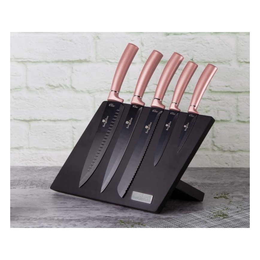BerlingerHaus - Messerset aus Edelstahl mit Magnetständer 6-teilig Edelstahl/Roségold