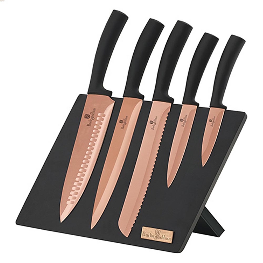 BerlingerHaus - Messerset aus Edelstahl mit Magnetständer 6-teilig schwarz/roségold