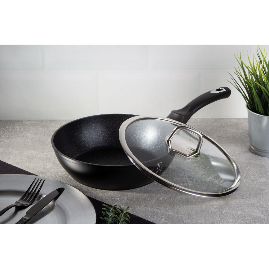 BerlingerHaus - Pfanne mit Marmoroberfläche + Deckel 24 cm schwarz/Edelstahl