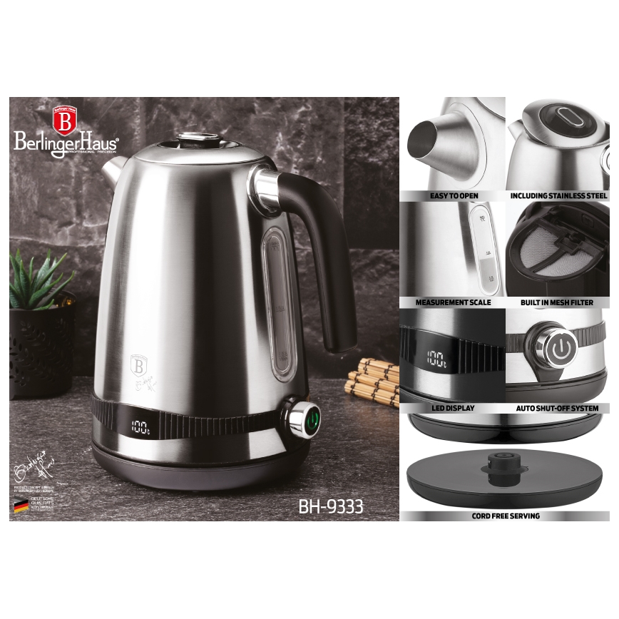 BerlingerHaus - Wasserkocher mit Thermoregulierung 1,7 l 2200W/230V Edelstahl/Schwarz