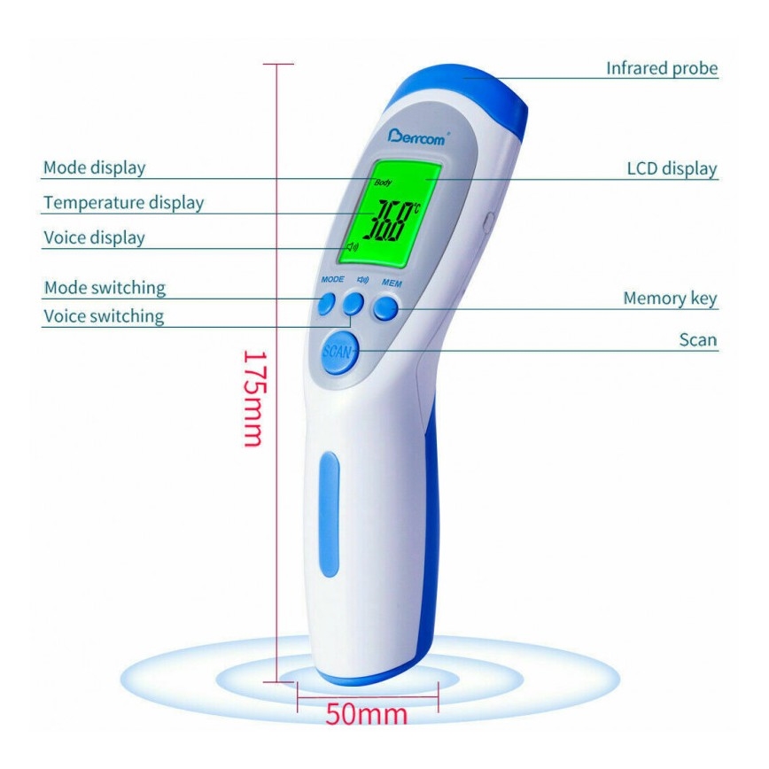 Berührungsloses Infrarot-Thermometer Berrcom JXB-182 2×AA
