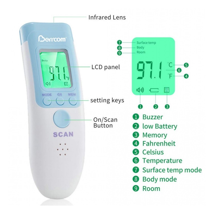 Berührungsloses Infrarot-Thermometer Berrcom JXB-183 2×AA