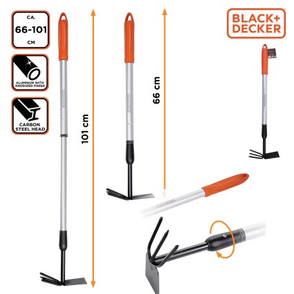 BLACK+DECKER - Gartenhacke mit dreizinkigem Bodenlockerer 66-101 cm