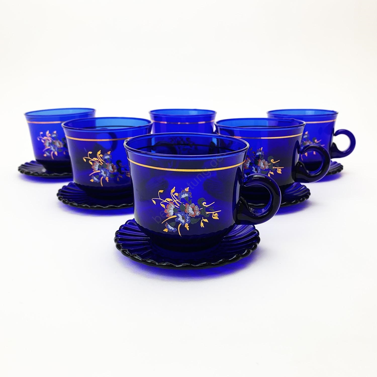 Blaue Kaffeeservice mit Blumenstrauß-Motiv