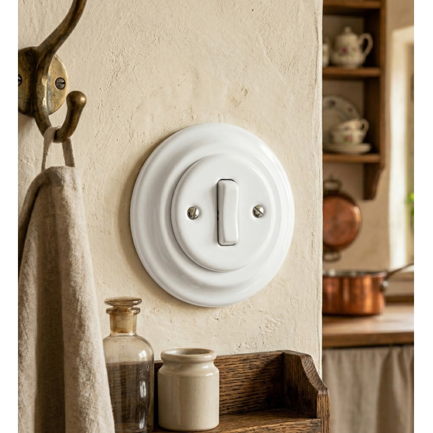Bohemia-Design - Porzellan-Retro-Einfachschalter mit Rahmen Nr. 1, weiß