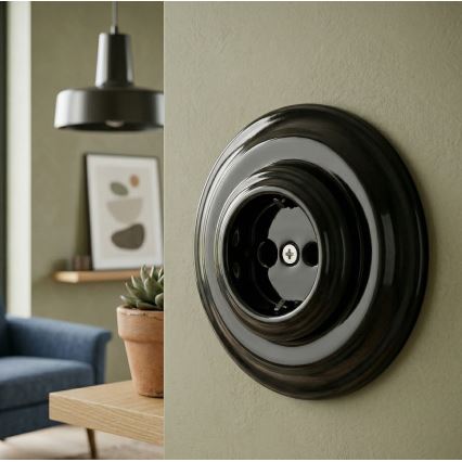 Bohemia-Design - Porzellan-Retro-Wandsteckdose mit Rahmen SCHUKO 250V/16A schwarz