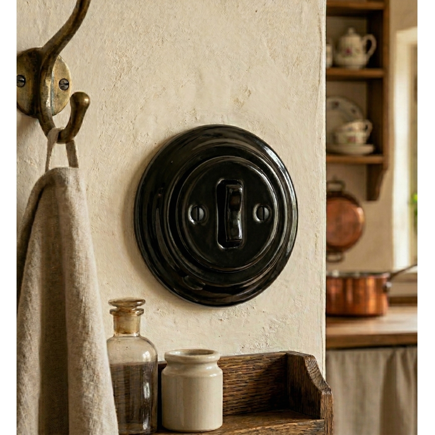 Bohemia-Design - Retro-Porzellan-Einfachschalter mit Rahmen Nr. 6, schwarz