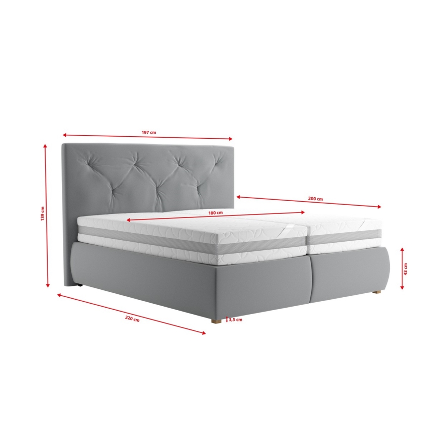 Boxspringbett ELEN 180x200 cm, grau, mit Matratze und Topper