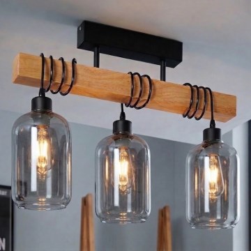 Brilagi - Anbauleuchte WOOD GLASS 3xE27/60W/230V Kiefer/Schwarz/Rauchgrau
