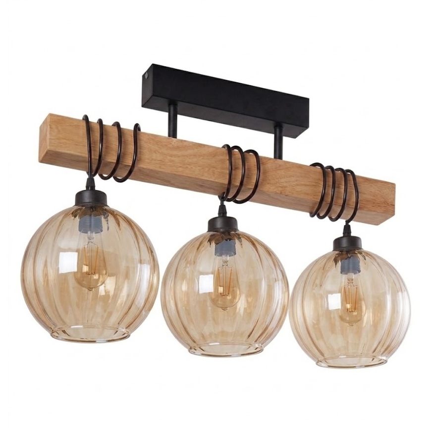 Brilagi - Aufgesetzte Deckenleuchte WOOD GLASS 3xE27/60W/230V Kiefer/Schwarz/Rauchbraun