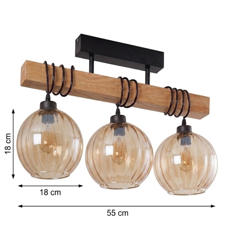 Brilagi - Aufgesetzte Deckenleuchte WOOD GLASS 3xE27/60W/230V Kiefer/Schwarz/Rauchbraun