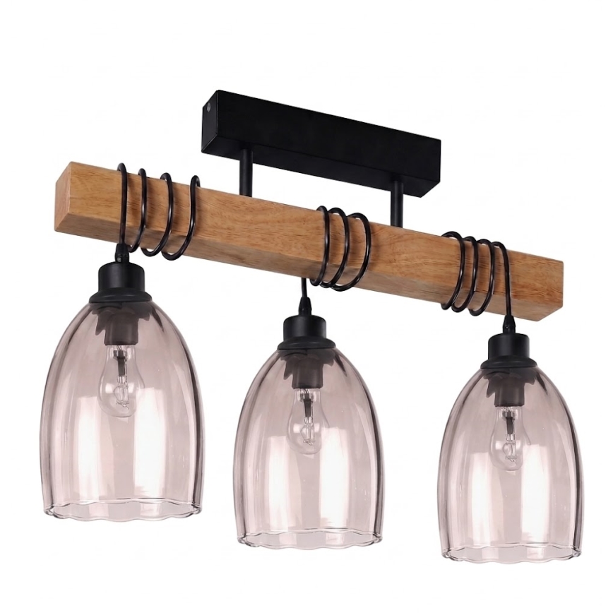 Brilagi - Aufgesetzte Deckenleuchte WOOD GLASS 3xE27/60W/230V Kiefer/Schwarz/rauchiges Beige