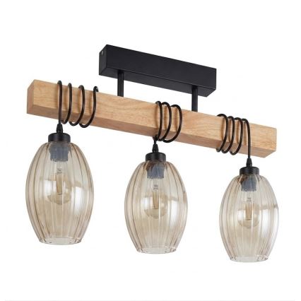Brilagi - Aufputz-Deckenleuchte WOOD GLASS 3xE27/60W/230V Kiefer/Schwarz/rauchiges Beige