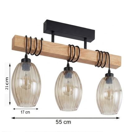 Brilagi - Aufputz-Deckenleuchte WOOD GLASS 3xE27/60W/230V Kiefer/Schwarz/rauchiges Beige