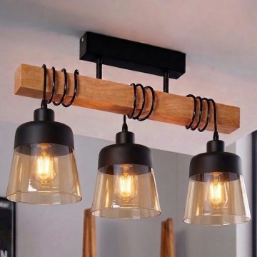 Brilagi - Aufgesetzte Deckenleuchte WOOD GLASS 3xE27/60W/230V Kiefer/Schwarz/Rauchbraun