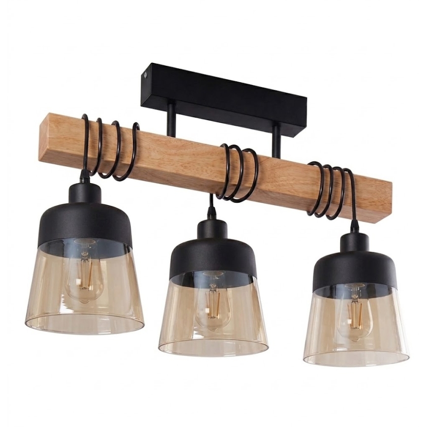 Brilagi - Aufgesetzte Deckenleuchte WOOD GLASS 3xE27/60W/230V Kiefer/Schwarz/Rauchbraun