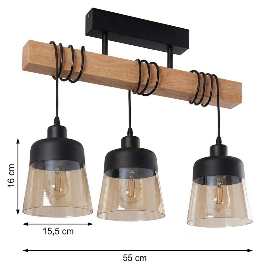Brilagi - Aufgesetzte Deckenleuchte WOOD GLASS 3xE27/60W/230V Kiefer/Schwarz/Rauchbraun