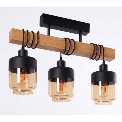 Brilagi - Aufgesetzte Deckenleuchte WOOD GLASS 3xE27/60W/230V Kiefer/Schwarz/Rauchbraun