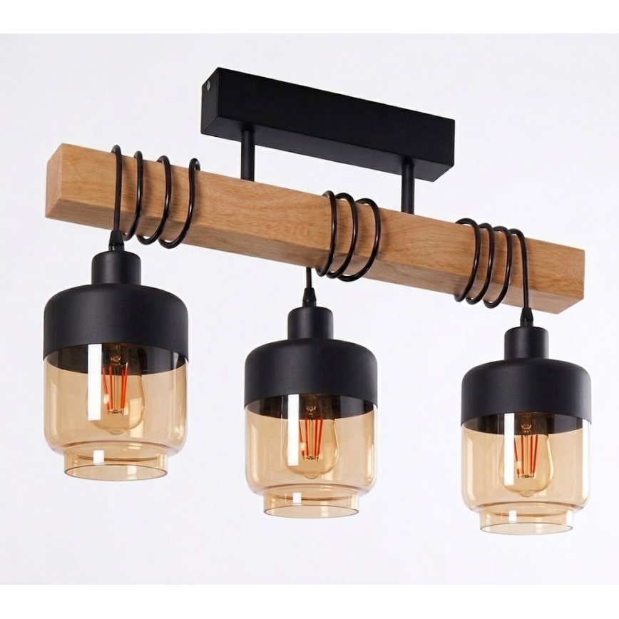Brilagi - Aufgesetzte Deckenleuchte WOOD GLASS 3xE27/60W/230V Kiefer/Schwarz/Rauchbraun
