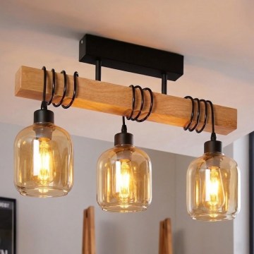 Brilagi - Aufgesetzte Deckenleuchte WOOD GLASS 3xE27/60W/230V Kiefer/Schwarz/rauchbraun