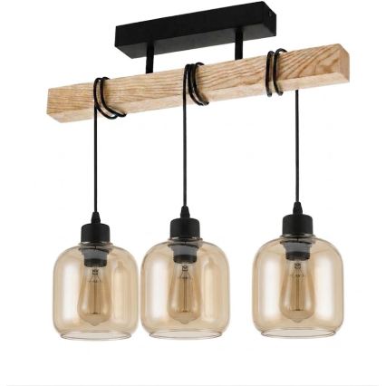 Brilagi - Aufgesetzte Deckenleuchte WOOD GLASS 3xE27/60W/230V Kiefer/Schwarz/rauchbraun
