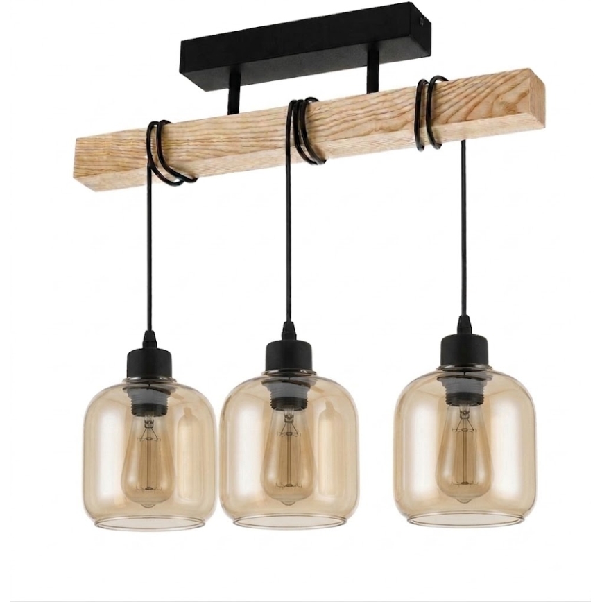 Brilagi - Aufgesetzte Deckenleuchte WOOD GLASS 3xE27/60W/230V Kiefer/Schwarz/rauchbraun