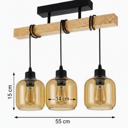 Brilagi - Aufgesetzte Deckenleuchte WOOD GLASS 3xE27/60W/230V Kiefer/Schwarz/rauchbraun