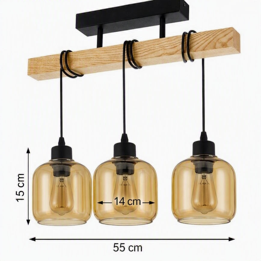 Brilagi - Aufgesetzte Deckenleuchte WOOD GLASS 3xE27/60W/230V Kiefer/Schwarz/rauchbraun