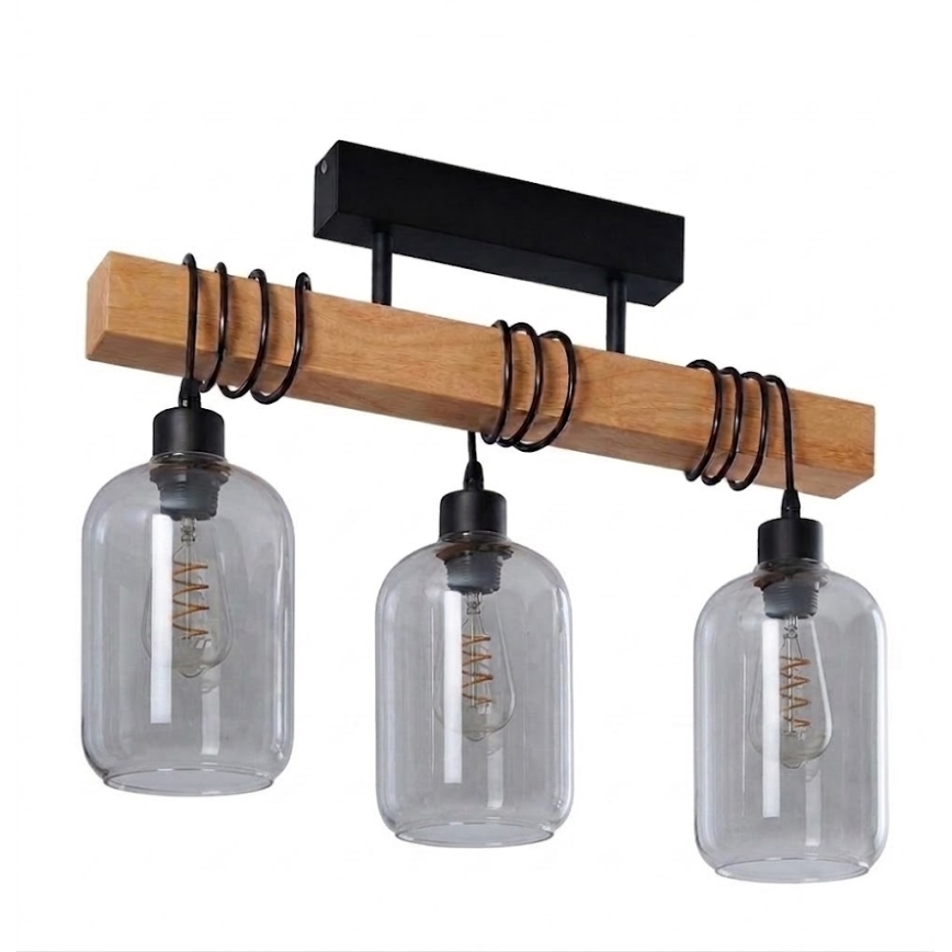 Brilagi - Anbauleuchte WOOD GLASS 3xE27/60W/230V Kiefer/Schwarz/Rauchgrau