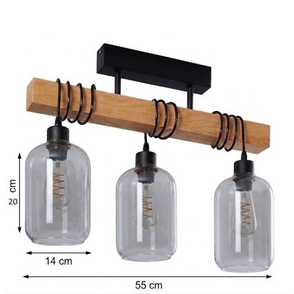Brilagi - Anbauleuchte WOOD GLASS 3xE27/60W/230V Kiefer/Schwarz/Rauchgrau