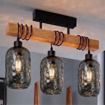 Brilagi - Aufgesetzte Deckenleuchte WOOD GLASS 3xE27/60W/230V Kiefer/Schwarz/rauchgrau