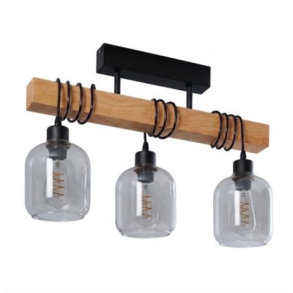 Brilagi - Aufputz-Deckenleuchte WOOD GLASS 3xE27/60W/230V Kiefer/Schwarz/rauchgrau