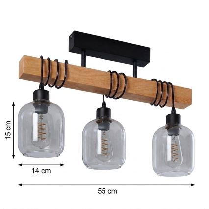 Brilagi - Aufputz-Deckenleuchte WOOD GLASS 3xE27/60W/230V Kiefer/Schwarz/rauchgrau