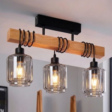 Brilagi - Aufgesetzte Deckenleuchte WOOD GLASS 3xE27/60W/230V Kiefer/Schwarz/rauchiges Beige