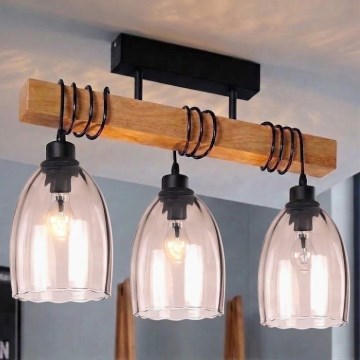 Brilagi - Aufgesetzte Deckenleuchte WOOD GLASS 3xE27/60W/230V Kiefer/Schwarz/rauchiges Beige