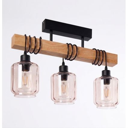Brilagi - Aufgesetzte Deckenleuchte WOOD GLASS 3xE27/60W/230V Kiefer/Schwarz/rauchiges Beige