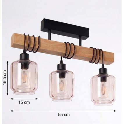 Brilagi - Aufgesetzte Deckenleuchte WOOD GLASS 3xE27/60W/230V Kiefer/Schwarz/rauchiges Beige