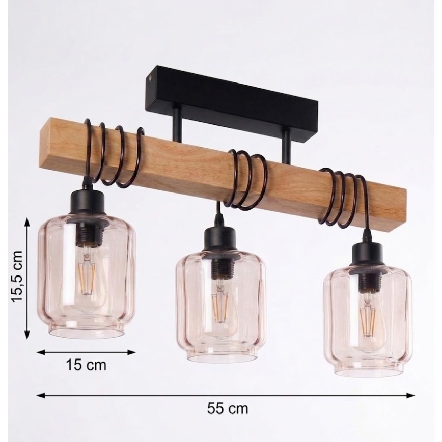 Brilagi - Aufgesetzte Deckenleuchte WOOD GLASS 3xE27/60W/230V Kiefer/Schwarz/rauchiges Beige